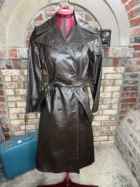leather trench coat brown double breasted Vintage 1970s sz 7